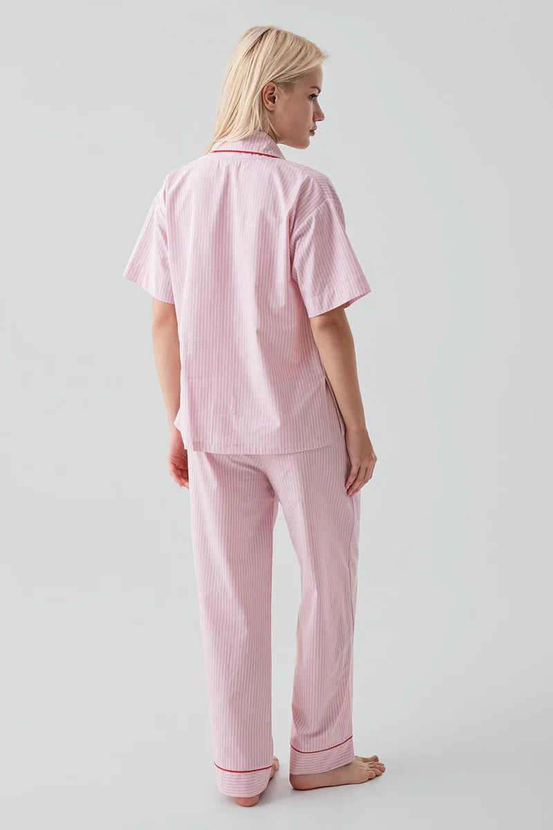 Striped Woven Cotton Maternity & Nursing Pajama Set Pink - 19208