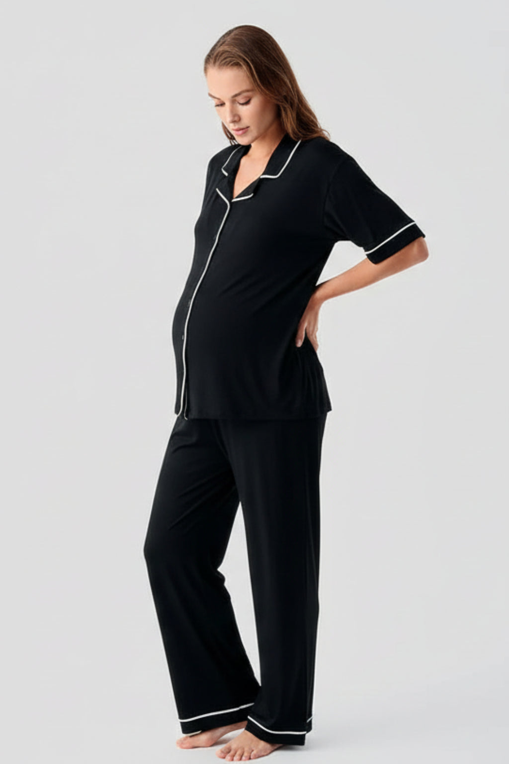Piped Oversize Maternity & Nursing Pajama Set Black - 19210