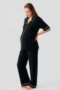 Piped Oversize Maternity & Nursing Pajama Set Black - 19210