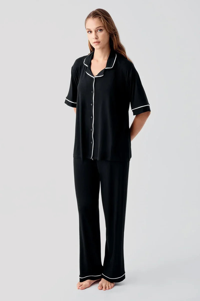 Piped Oversize Maternity & Nursing Pajama Set Black - 19210