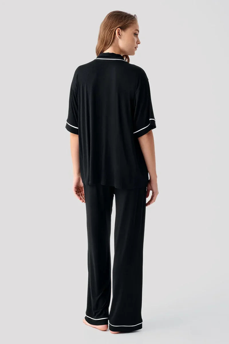Piped Oversize Maternity & Nursing Pajama Set Black - 19210