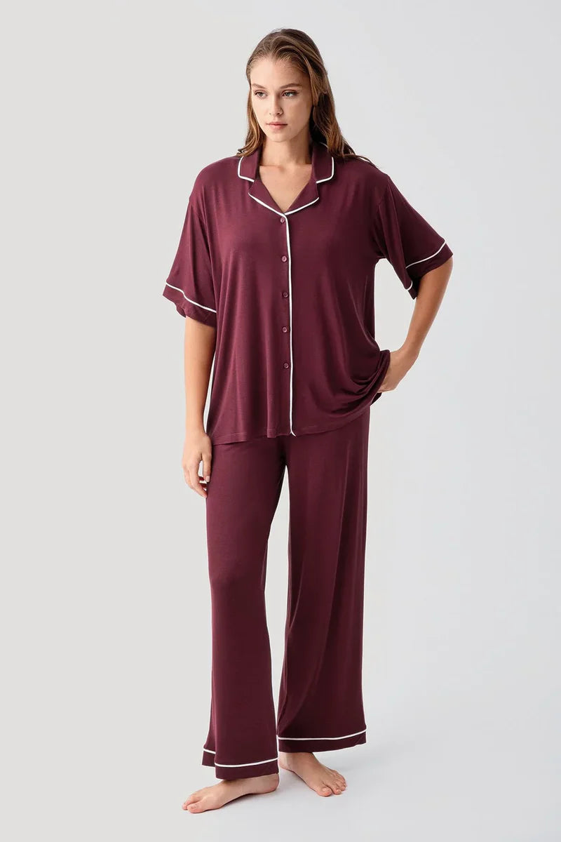 Piped Oversize Maternity & Nursing Pajama Set Claret Red - 19210