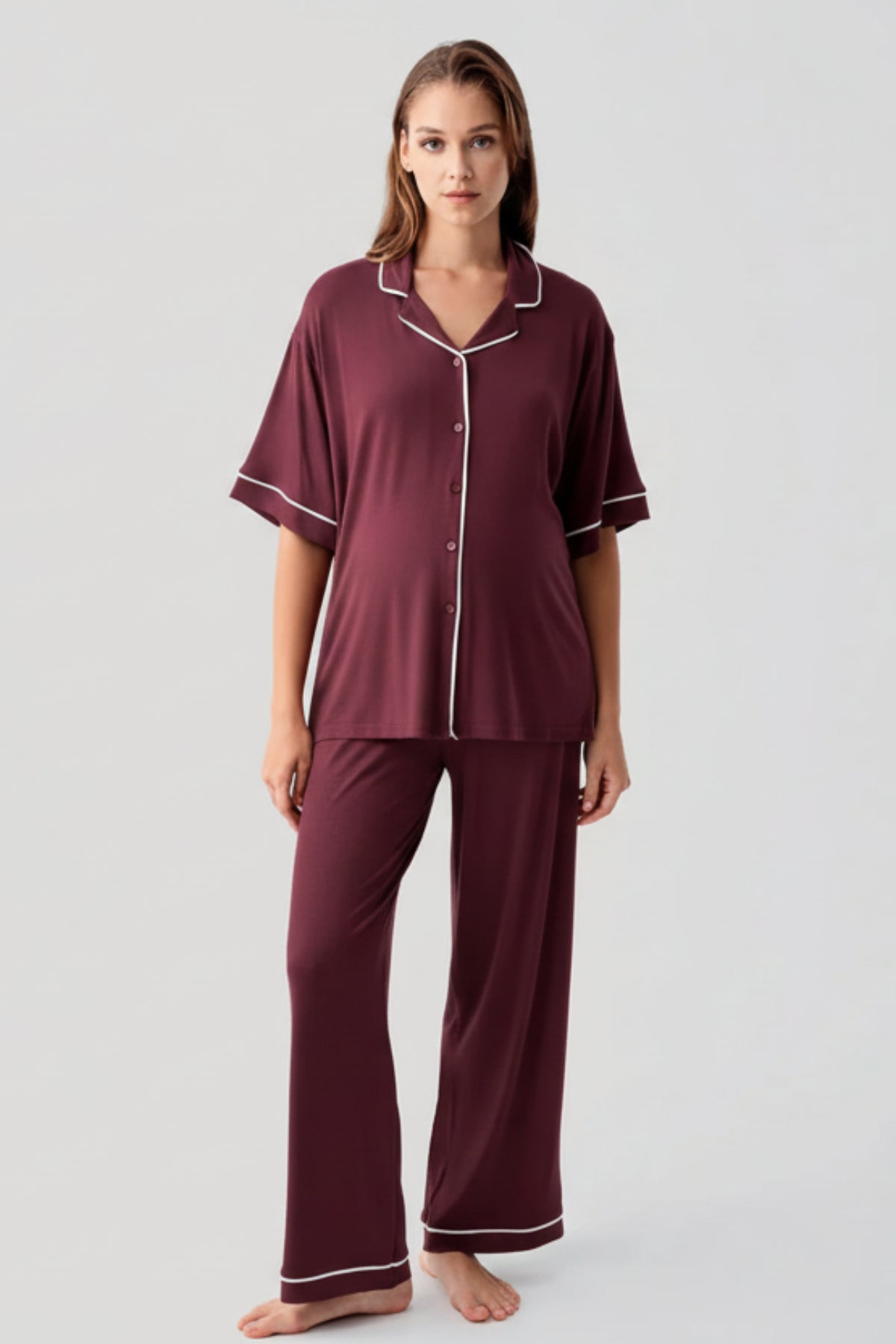 Piped Oversize Maternity & Nursing Pajama Set Claret Red - 19210