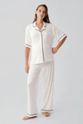 Piped Oversize Maternity & Nursing Pajama Set Ecru - 19210