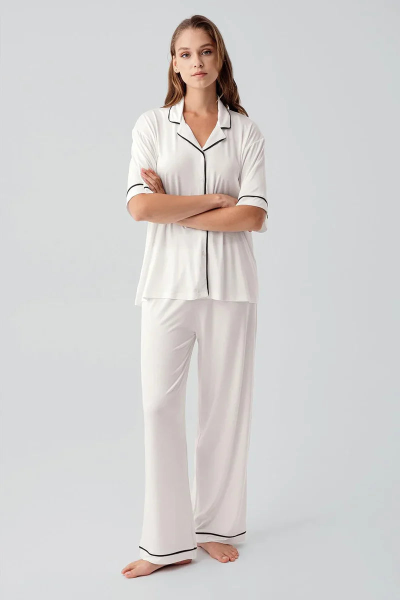 Piped Oversize Maternity & Nursing Pajama Set Ecru - 19210
