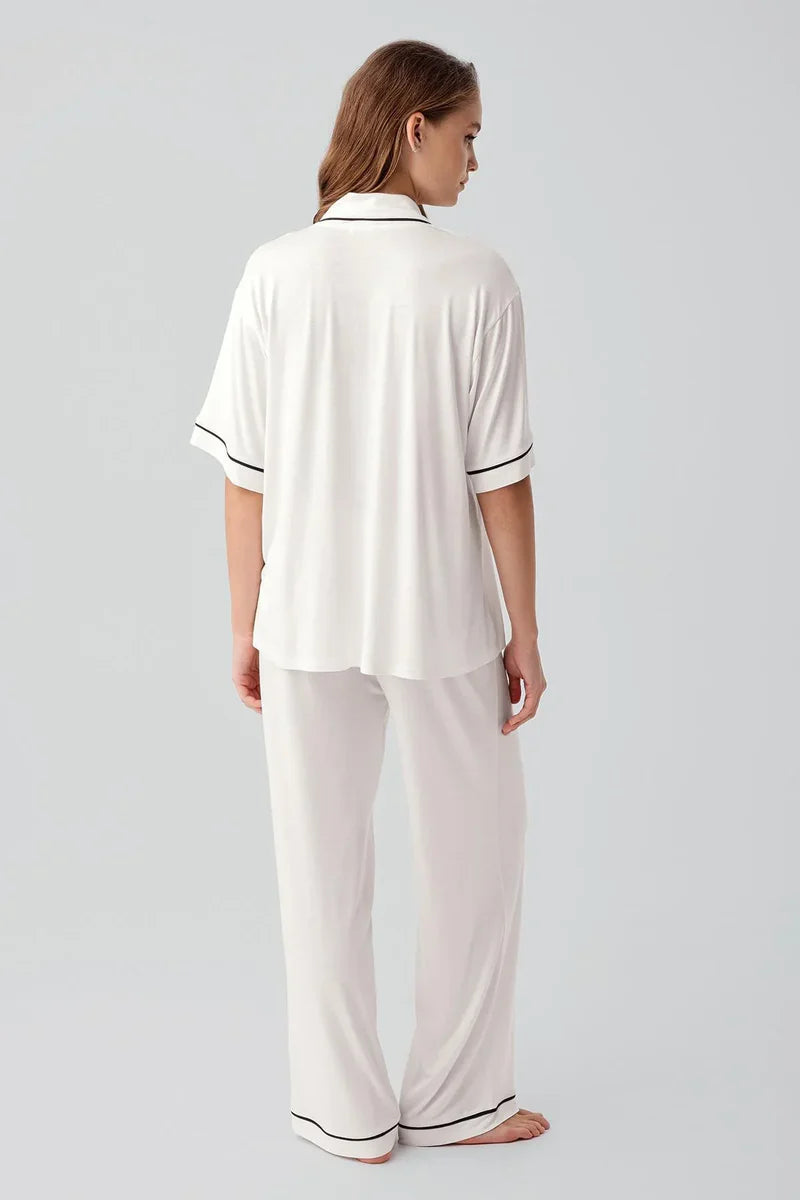 Piped Oversize Maternity & Nursing Pajama Set Ecru - 19210