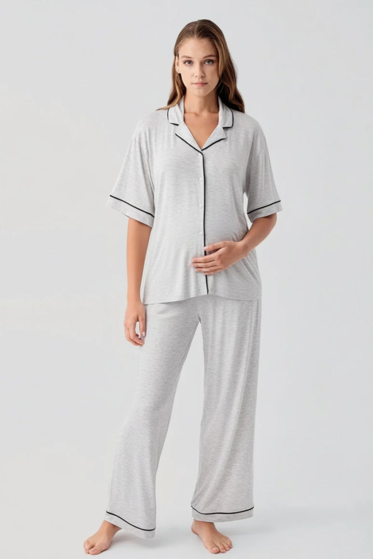 Piped Oversize Maternity & Nursing Pajama Set Grey - 19210