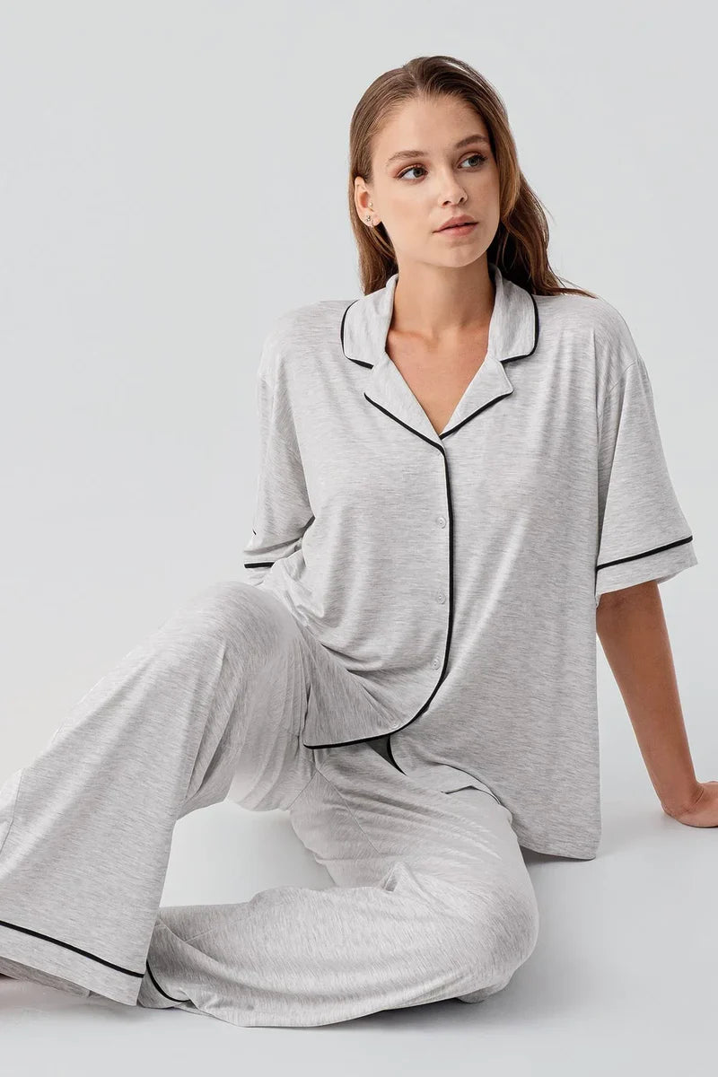 Piped Oversize Maternity & Nursing Pajama Set Grey - 19210