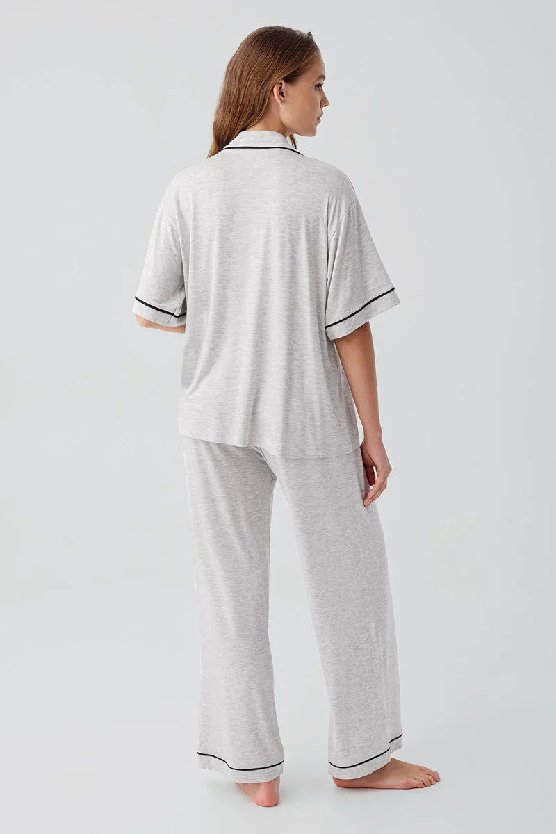Piped Oversize Maternity & Nursing Pajama Set Grey - 19210