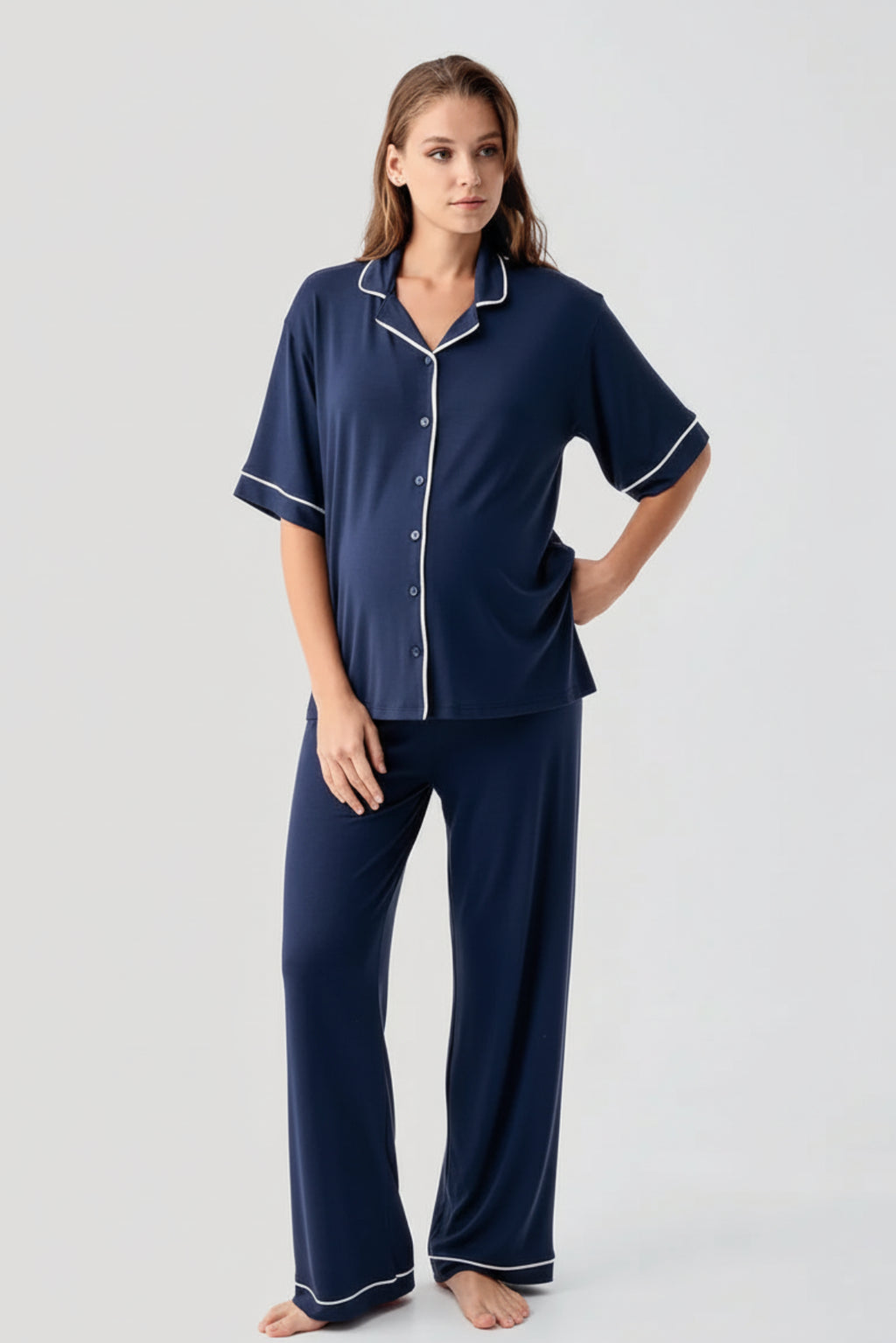 Piped Oversize Maternity & Nursing Pajama Set Navy Blue - 19210