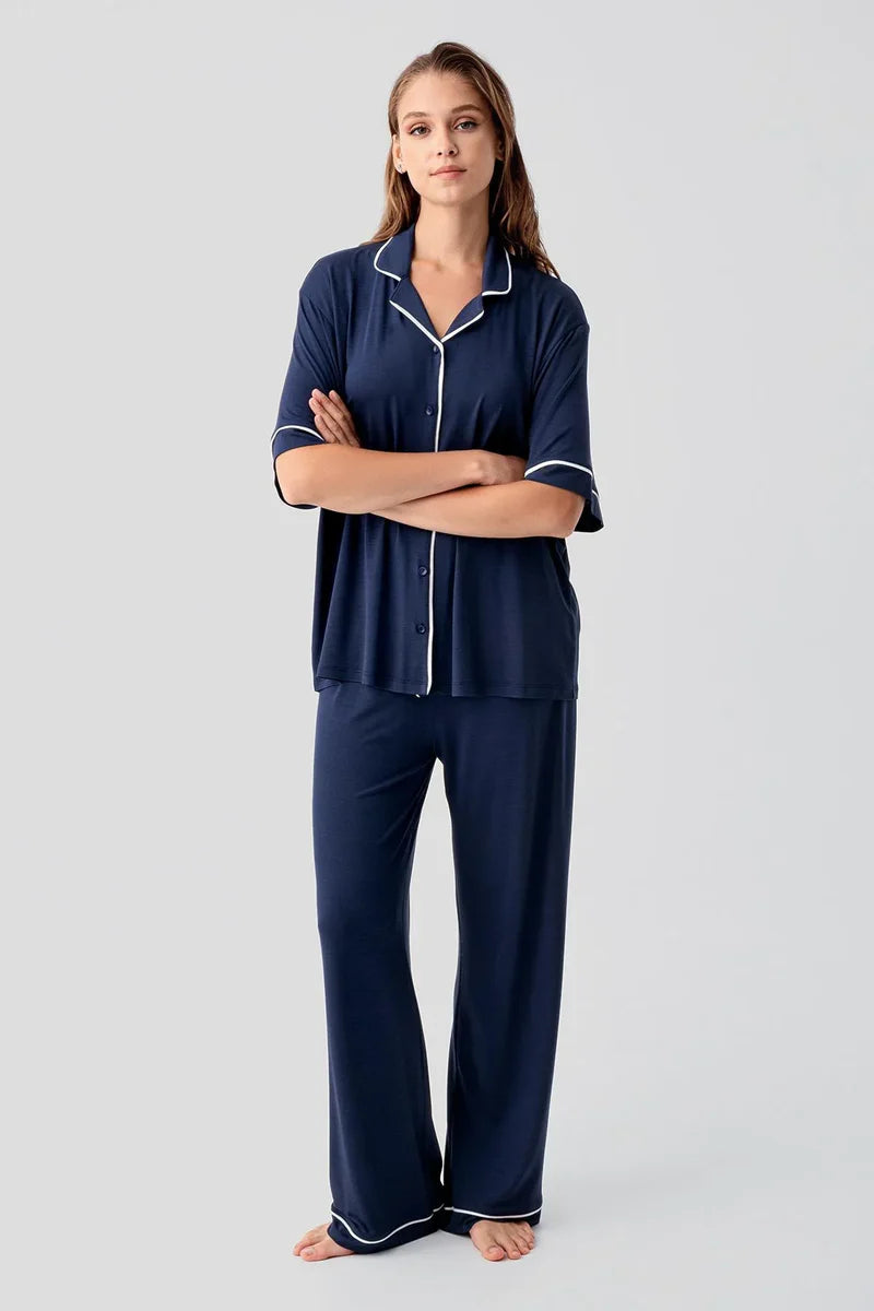 Piped Oversize Maternity & Nursing Pajama Set Navy Blue - 19210
