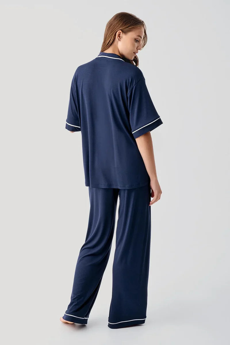 Piped Oversize Maternity & Nursing Pajama Set Navy Blue - 19210