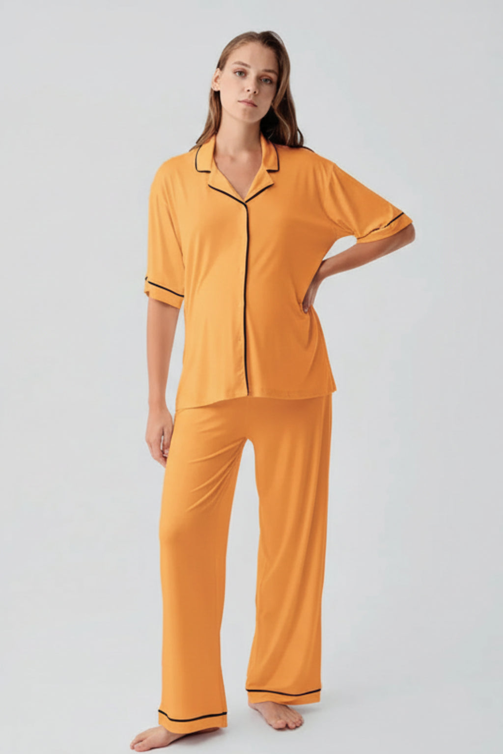 Piped Oversize Maternity & Nursing Pajama Set Orange - 19210
