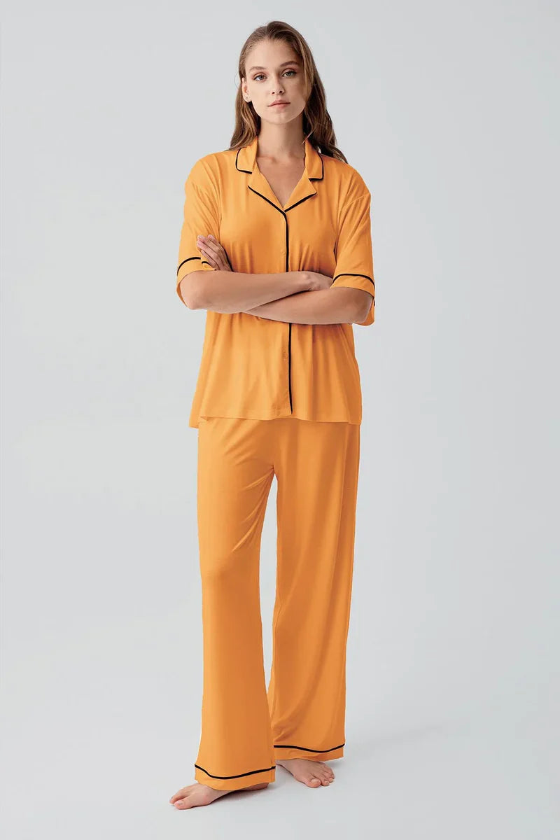 Piped Oversize Maternity & Nursing Pajama Set Orange - 19210