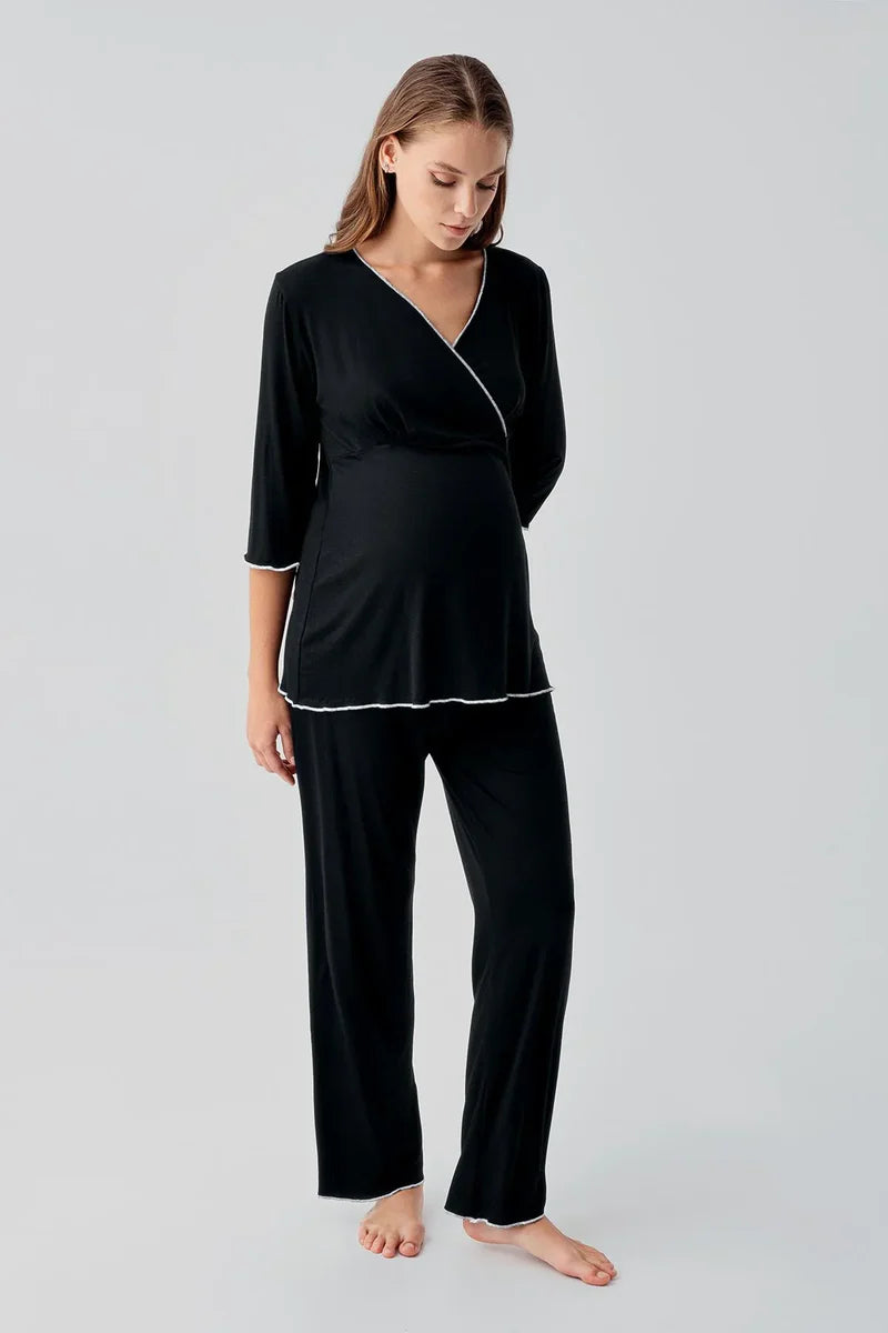 Elegant Piped Wrap Maternity & Nursing Pajama Set Black - 19212