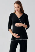 Elegant Piped Wrap Maternity & Nursing Pajama Set Black - 19212