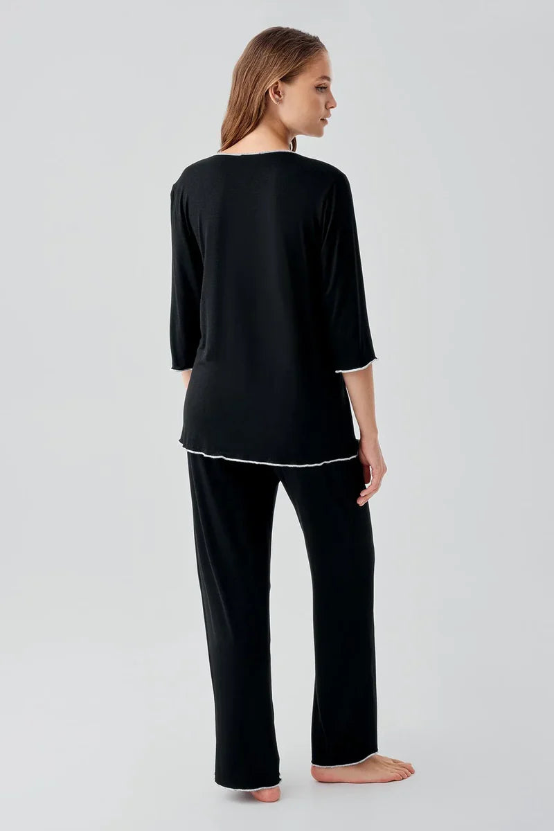 Elegant Piped Wrap Maternity & Nursing Pajama Set Black - 19212