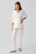 Elegant Piped Wrap Maternity & Nursing Pajama Set Ecru - 19212
