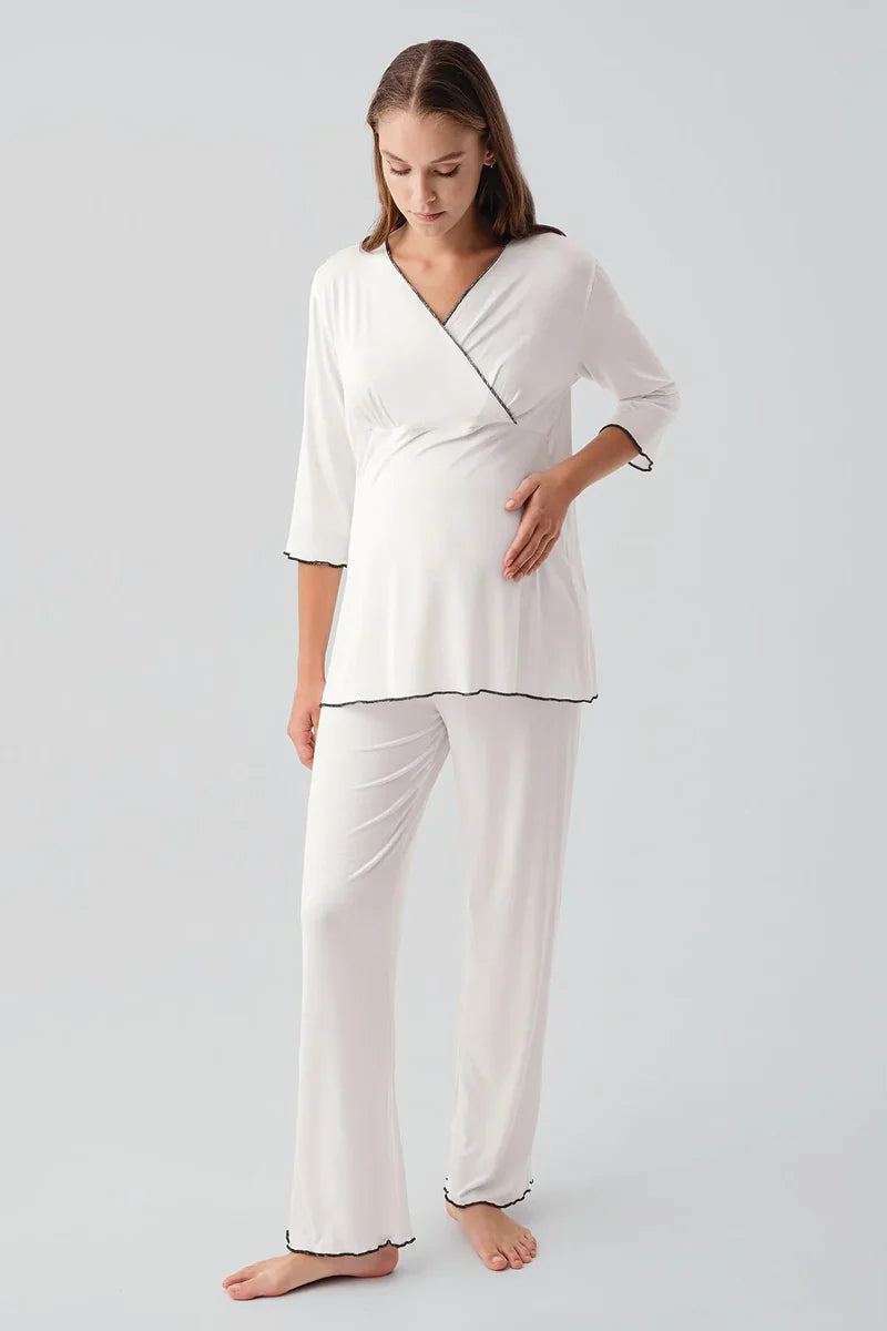 Elegant Piped Wrap Maternity & Nursing Pajama Set Ecru - 19212