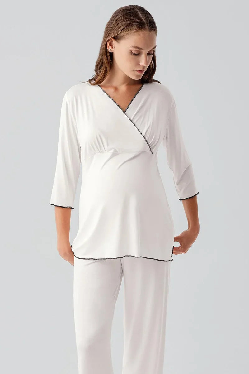Elegant Piped Wrap Maternity & Nursing Pajama Set Ecru - 19212