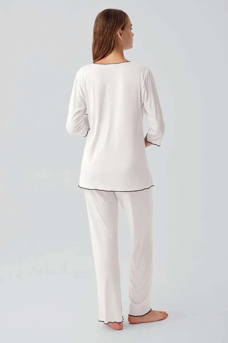 Elegant Piped Wrap Maternity & Nursing Pajama Set Ecru - 19212