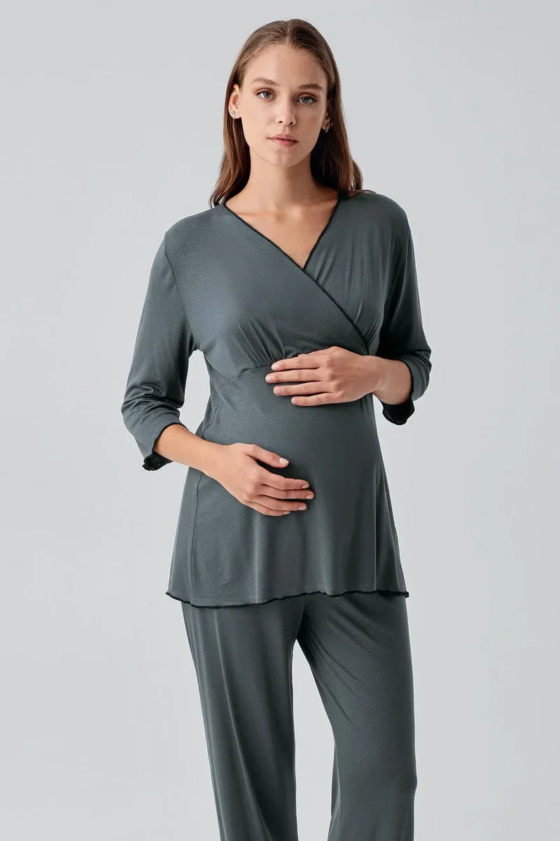 Elegant Piped Wrap Maternity & Nursing Pajama Set Green - 19212