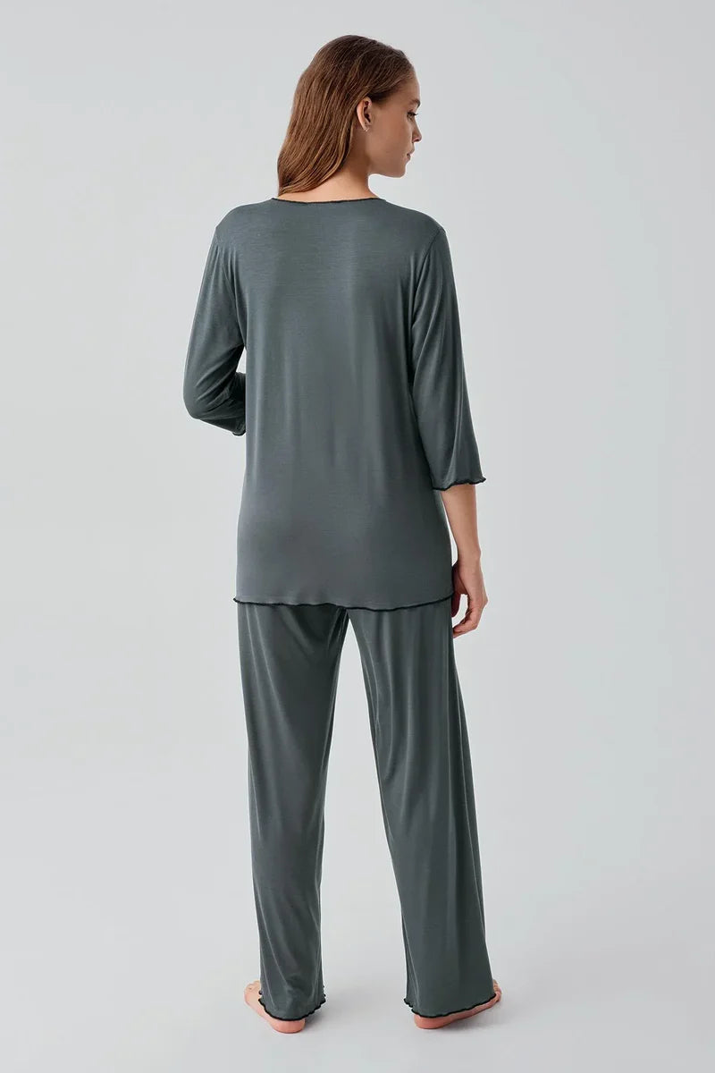 Elegant Piped Wrap Maternity Feeding-Friendly Pajama Set Green - S19212