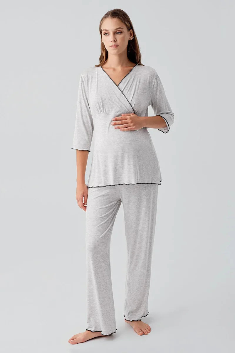 Elegant Piped Wrap Maternity & Nursing Pajama Set Grey - 19212