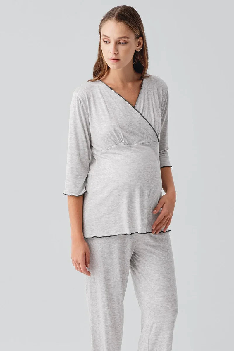 Elegant Piped Wrap Maternity & Nursing Pajama Set Grey - 19212