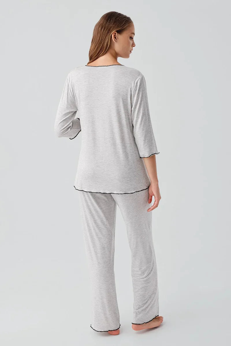 Elegant Piped Wrap Maternity & Nursing Pajama Set Grey - 19212