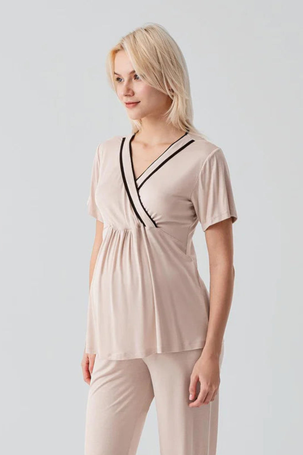 Piped Wrap Maternity & Nursing Pajama Set Beige - 19217