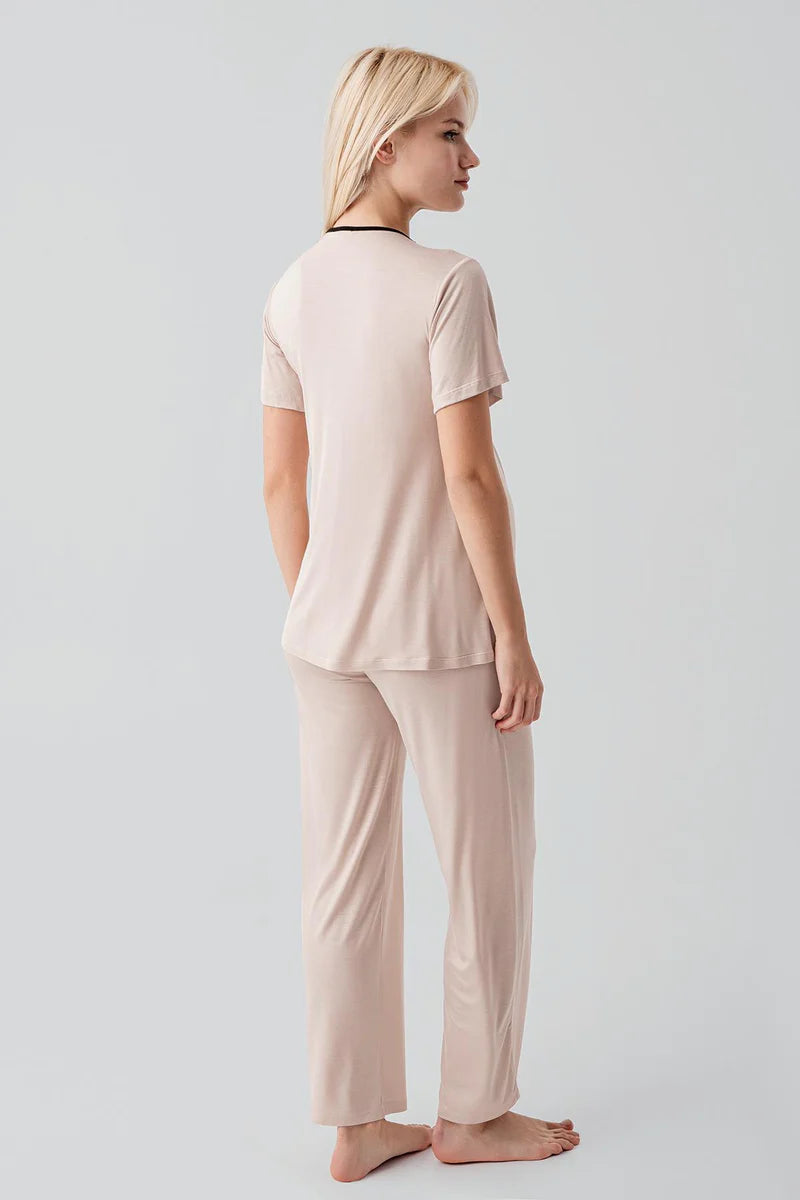 Piped Wrap Maternity & Nursing Pajama Set Beige - 19217