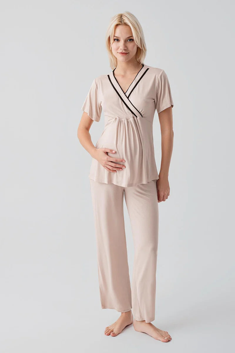 Piped Wrap 3-Piece Maternity-Nursing Pajama & Robe Set Beige - 19317