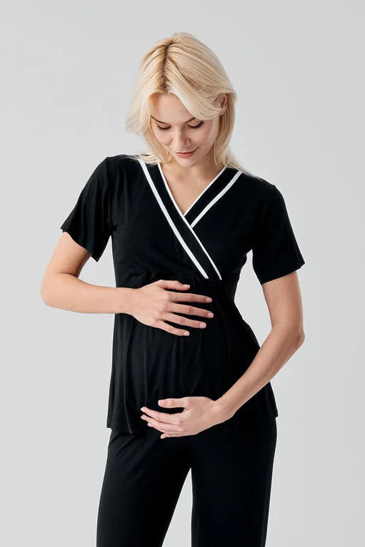Piped Wrap Maternity & Nursing Pajama Set Black - 19217