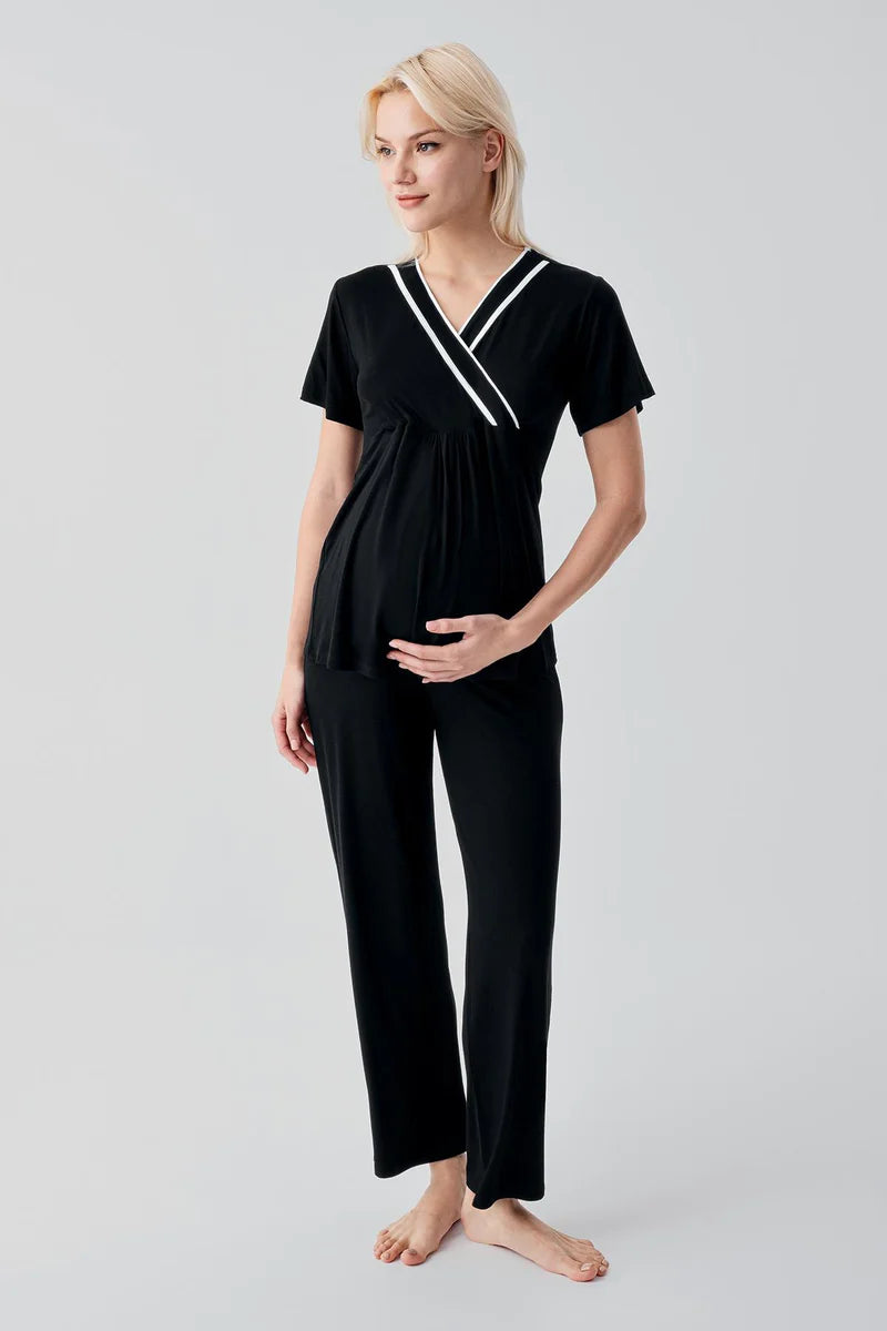 Piped Wrap Maternity & Nursing Pajama Set Black - 19217