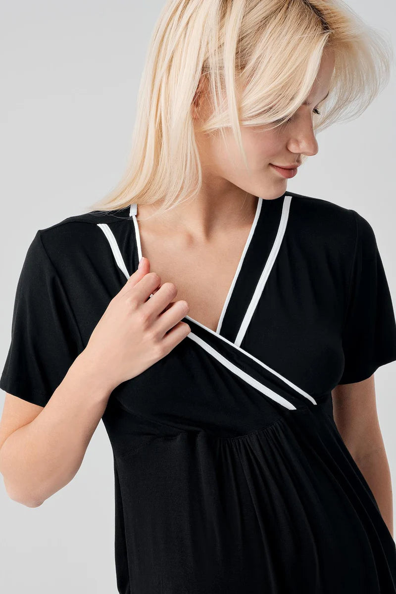 Piped Wrap Maternity & Nursing Pajama Set Black - 19217