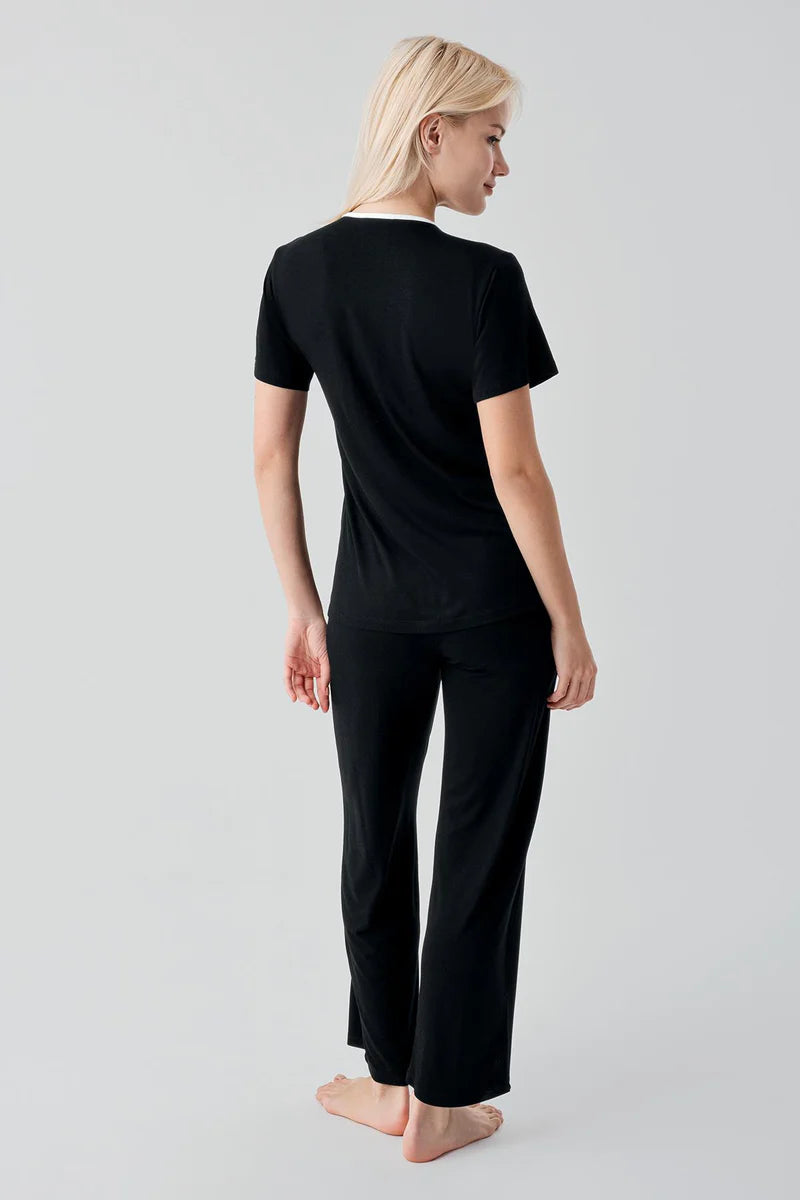 Piped Wrap Maternity & Nursing Pajama Set Black - 19217