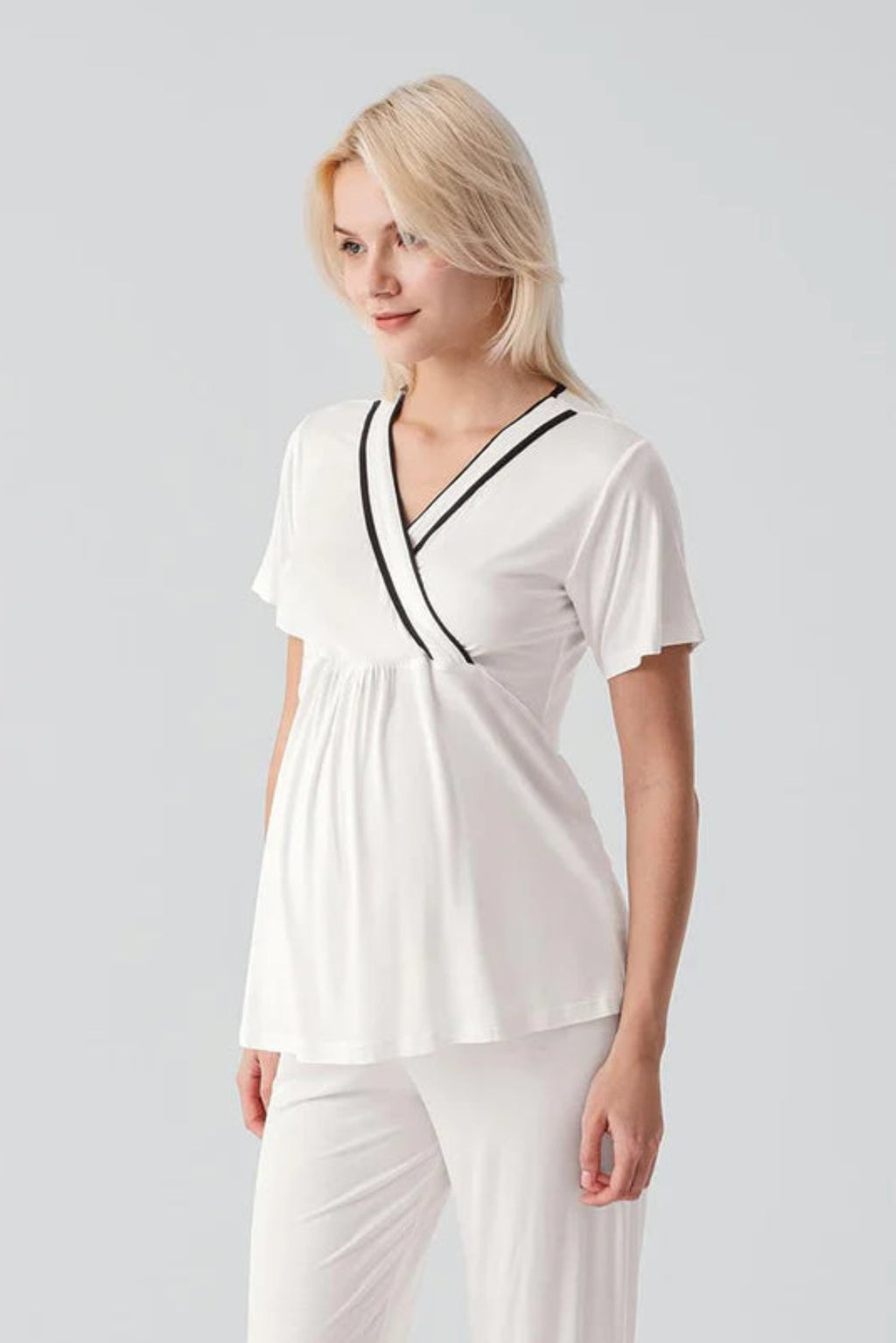 Piped Wrap Maternity & Nursing Pajama Set Ecru - 19217