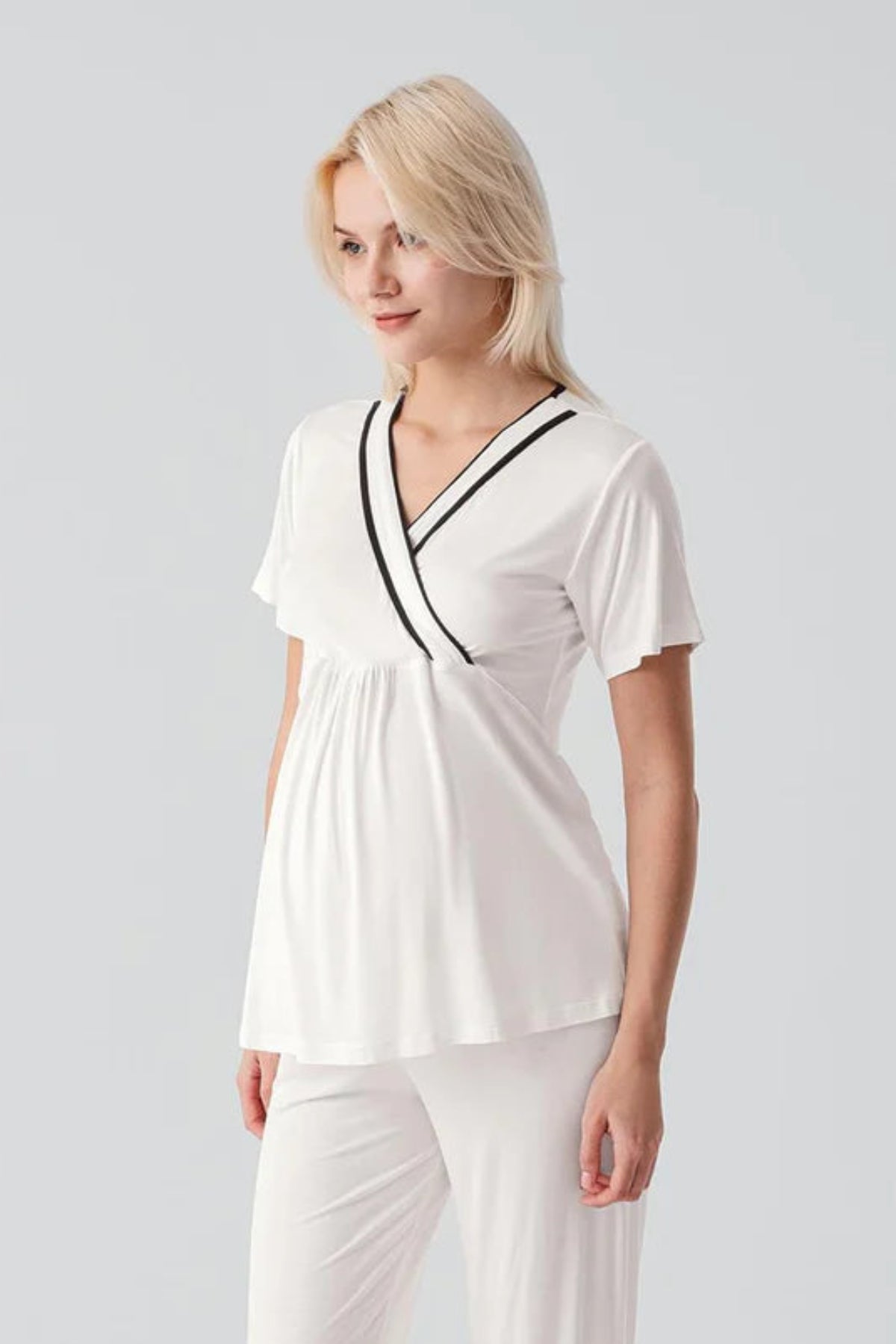 Piped Wrap Maternity & Nursing Pajama Set Ecru - 19217