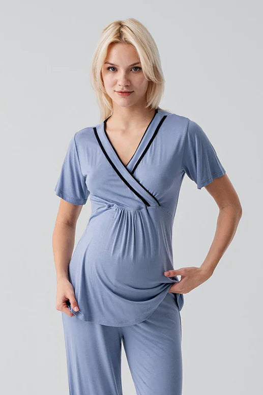 Piped Wrap 3-Piece Maternity-Nursing Pajama & Robe Set Indigo - 19317