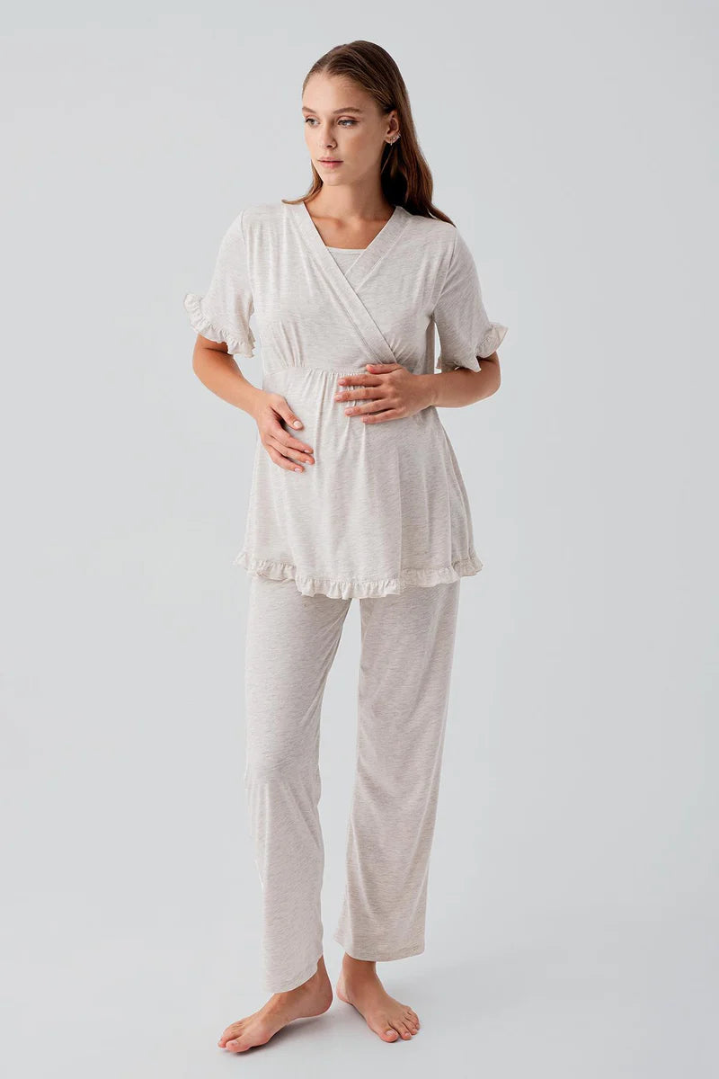 Pleated Wrap Maternity & Nursing Pajama Set Beige - 19218