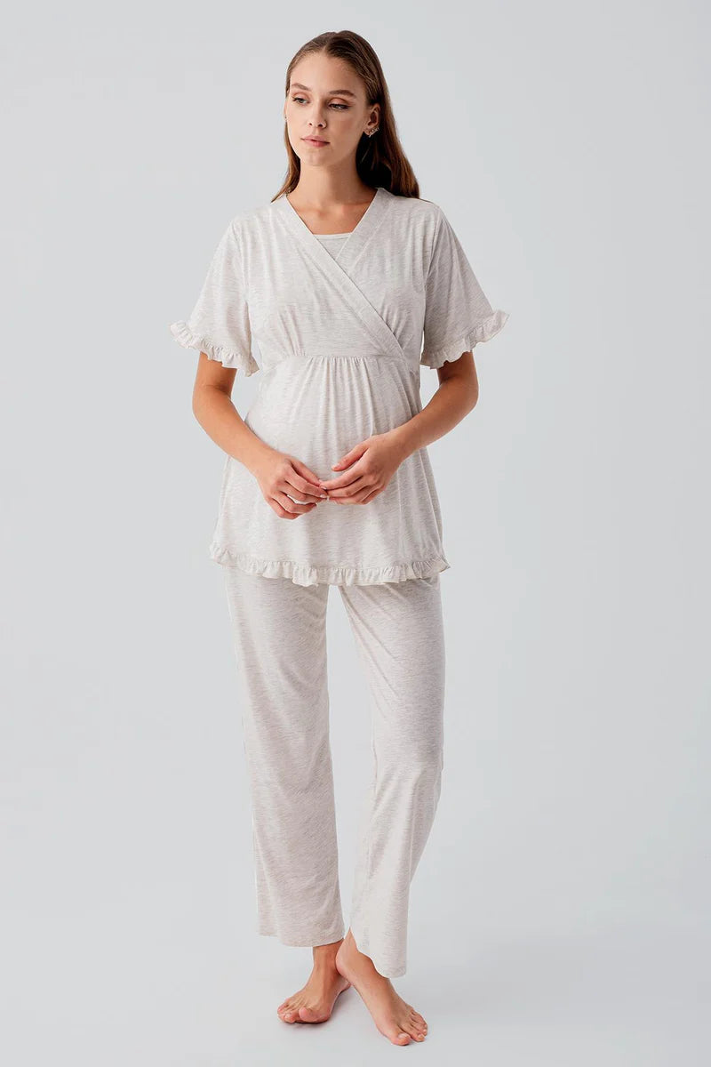Pleated Wrap Maternity & Nursing Pajama Set Beige - 19218