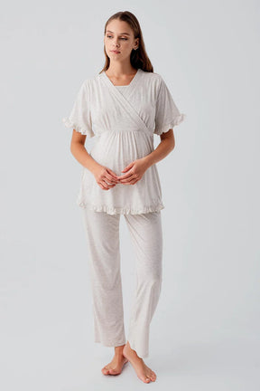 Pleated Wrap Maternity & Nursing Pajama Set Beige - 19218