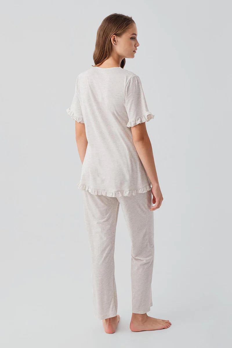 Pleated Wrap Maternity & Nursing Pajama Set Beige - 19218