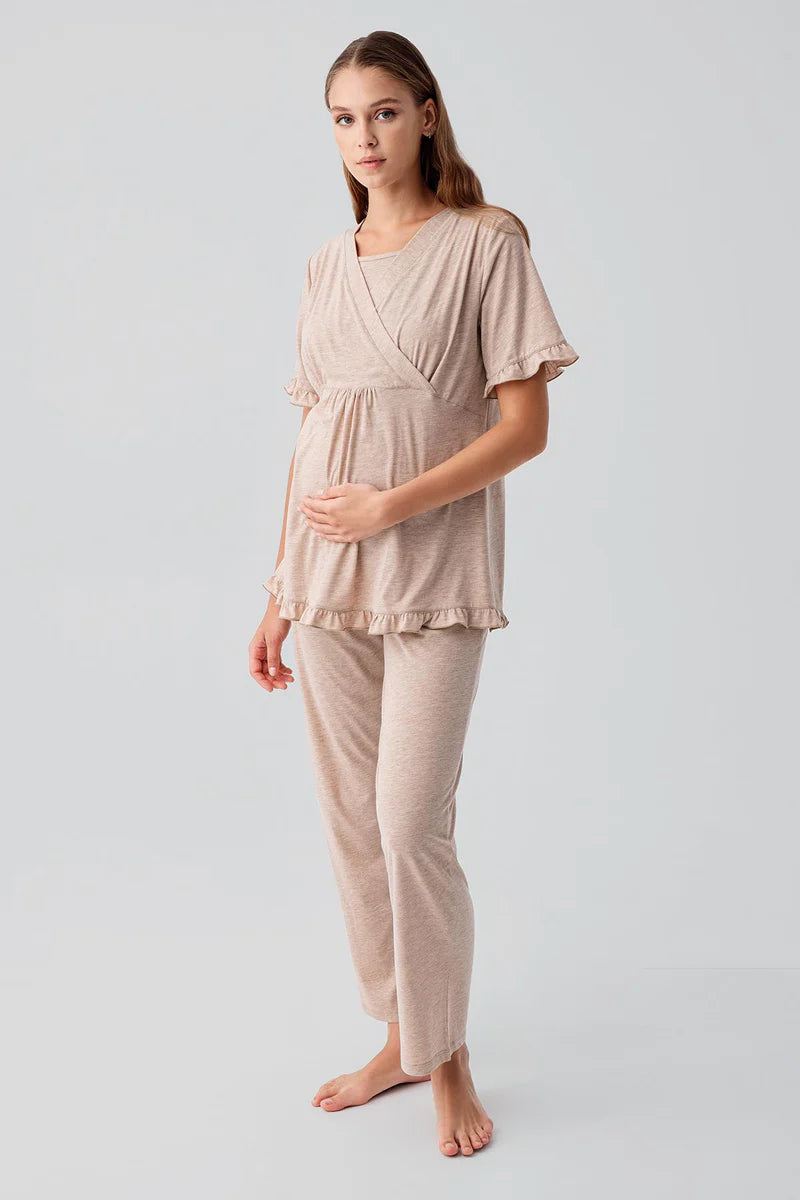 Pleated Wrap Maternity & Nursing Pajama Set Coffee - 19218