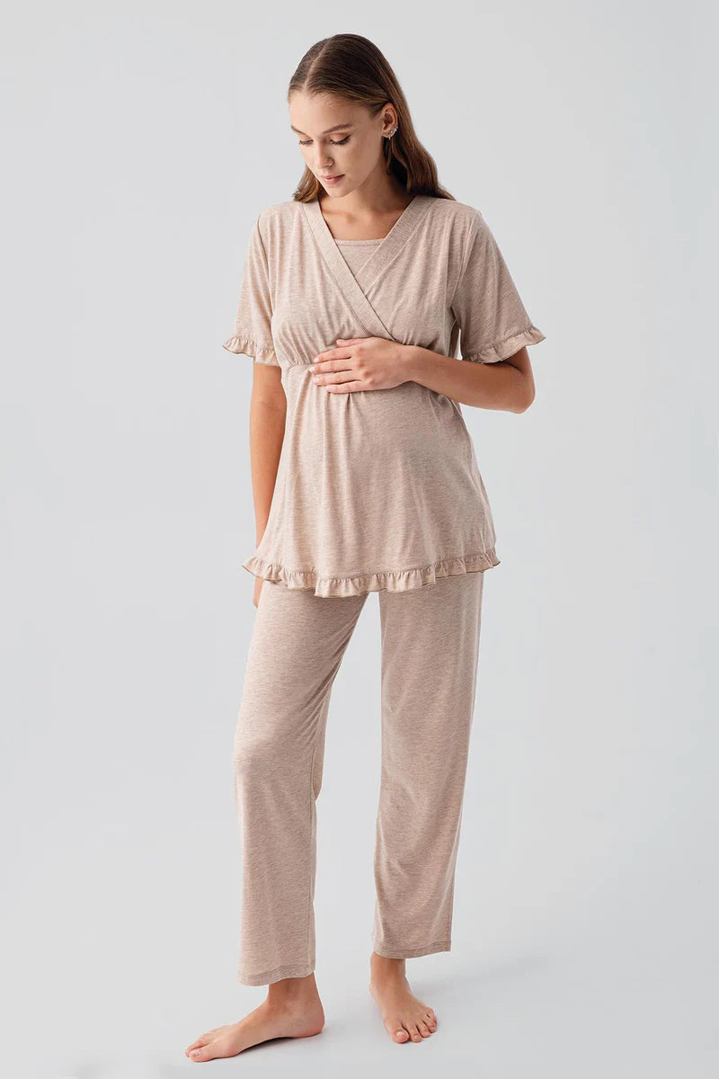 Pleated Wrap Maternity & Nursing Pajama Set Coffee - 19218