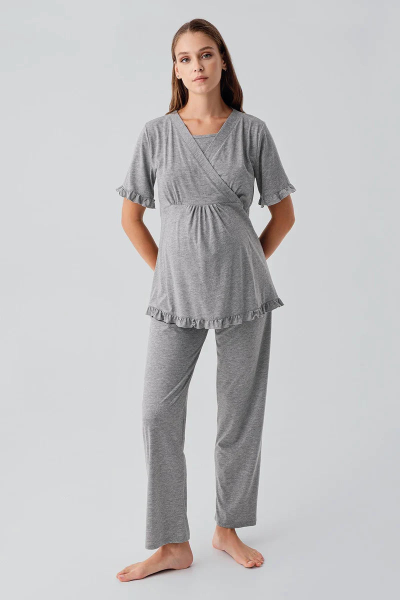 Pleated Wrap Maternity & Nursing Pajama Set Grey - 19218