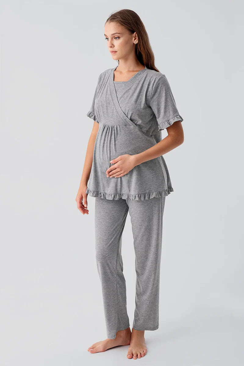 Pleated Wrap Maternity & Nursing Pajama Set Grey - 19218