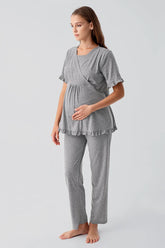 Pleated Wrap Maternity & Nursing Pajama Set Grey - 19218