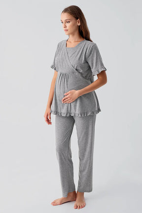 Pleated Wrap Maternity & Nursing Pajama Set Grey - 19218
